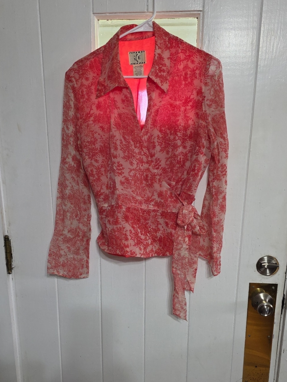 ICE Women's 100% Silk Blouse Wrap Style Red Toille Print Sheer Sleeves Sz 12 EUC